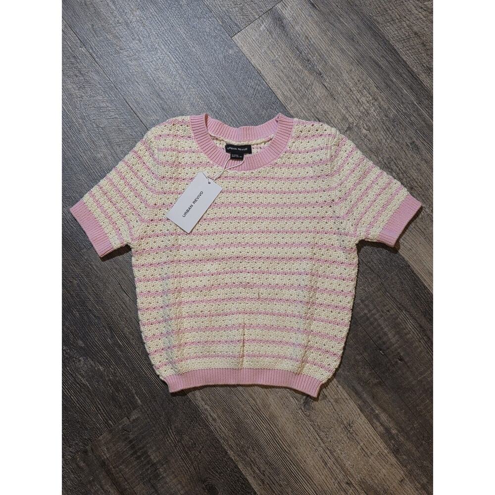URBAN REVIVO Womens XS Striped Knit Top Pink White 100% Cotton Crochet NWT